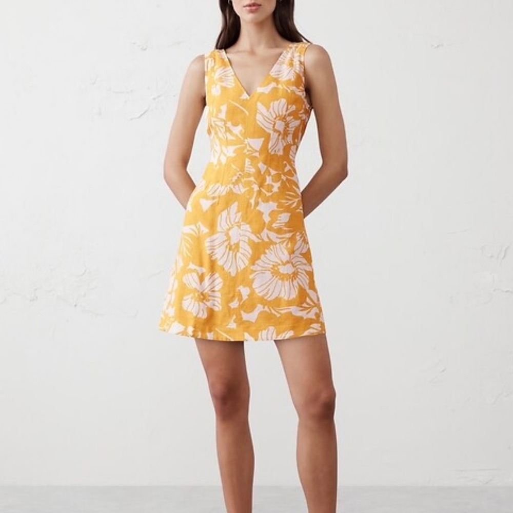 Banana Republic Yellow Floral Linen Blend V-Neck Shift Dress 8 Mini Sleeveless